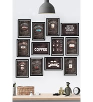 12 Parça Çerçeve Görünümlü Kahve Cafe Çeşitleri Temalı Mdf Tablo Seti (80x80 Cm)