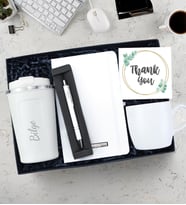 Beyaz Defter & Kişiye Özel Beyaz Renk Termos & Beyaz Tükenmez Kalem & Beyaz Kupa Hediye Seti