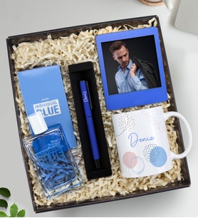Kişiye Özel Mavi Roller Kalem & Baskılı Kupa & Individual Blue Parfüm & Mavi İnstagram Çerçeve Erkeğe Hediye Seti
