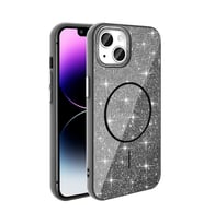 Apple iPhone 14 Uyumlu Kılıf M-safe Şarj Özellikli Parlayan Simli Zore Okso Kapak (Siyah)