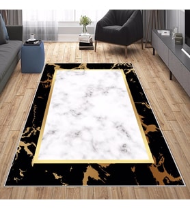 Beyaz Gök Temalı Gold Yıkanabilir Kaymaz Taban Leke Tutmaz Modern Salon Halısı ve Yolluk (Beyaz-Siyah)