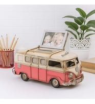 El Yapımı Dekoratif Kişiye Özel Nostaljik Camper Van Classic Vosvos Metal Araba Çerçeveli ve Kumbaralı E-1370SS (Pembe)