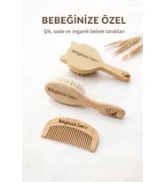 Ayana Cosmetic İsme Özel Doğal Ahşap Bebek Fırça + Bambu Kedi Tarak ve Makromen Tarak  Seti + Özel Hediye  – Organik Keçi Kılı Yumuşak Bebek Saç Bakım Seti