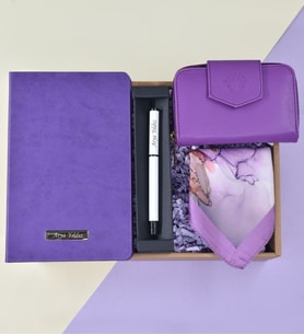 Kişiye Özel Mor Termo Defter& Mor Kalem& Mor Renkli Suni Deri Cüzdan& Mor Renkli Fular Hediye Seti