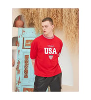 Erkek Bisiklet Yaka Tişört Nakış İşlemeli Kısa Kol Oversize T-Shirt - Kırmızı