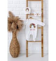 Pia Baby Premium %100 Pamuk İsimli Kız Bebek Tulumu Şapka ve Eldiven Yenidoğan Hediye Seti c (Ekru)