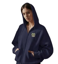 Kadın Scottish Fold Kedi Baskılı Tam Boy Fermuarlı Oversize Hoodie (Lacivert)