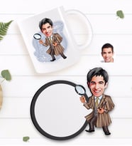 BK Gift Kişiye Özel Müfettiş Karikatürlü Beyaz Kupa ve Ahşap Bardak Altlığı Hediye Seti-1
