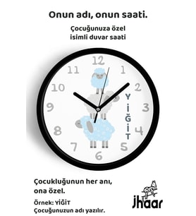 İsme Özel Sevimli Kuzular Çocuk Odası Duvar Saati Orta Boy 30 cm Siyah Camlı Sessiz