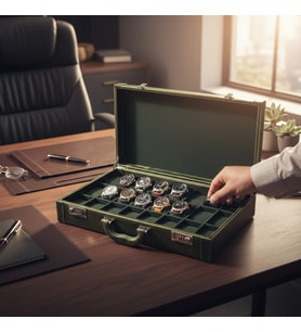Saat Çantası 24'lü - Diplomat Serisi Premium Alcantara Deri Koleksiyon Kutusu- Yeşil