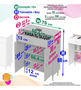 Eliusta Taha 70 cm 3 Bölmeli Beyaz Çok Amaçlı Dolap 2 Raflı Banyo Mutfak Dolabı 70x88x32,5 cm Düzenleyici