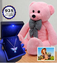 Size Özel Fotoğraflı Set Işıklı Kutusunda 925 Ayar Gümüş Kolye ve 80cm Pembe Ayıcık (Model 2)