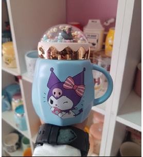 500ml Sevimli Sanrio Kawai Kuromi Seramik Kapaklı Kaşıklı Kupa Bardak (34)