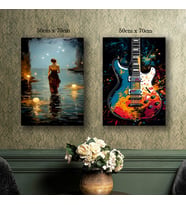 gitar yagmur mum ve kadın tablo resim kanvas 2 adet 50x70