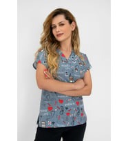 Unisex Gri Nurse Life Desenli Esnek  Likralı Cerrahi  Doktor  Hemşire Scrubs Tek Üst Forma