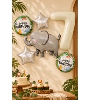 2 Yaş Fil Folyo Balonlu 5li Set ve Rakam Balon Safari Tema Balon Seti Set42