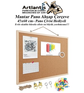 Mantar Pano Ahşap Çerçeve 45x60 cm 1 Adet Harita Çivisi Hediyeli Duvara Monte Mantar Çerçeve Evde Okulda Büroda Ofiste