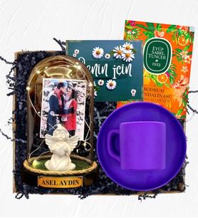İsimli Fotoğraflı ve Işıklı Fanus & Mor Kahve Fincanı  Kişiye Özel Premium Set (Model 3)