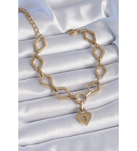 316L Çelik Gold Renk Zincir Model Kilit Kalp Figür Kadın Bileklik TJ-BB6434