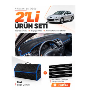 e-biz PEUGEOT 407 (2004-2010) Uyumlu Torpido Örtüsü + Deri Bagaj Çantası Seti - Siyah-Mavi - PE018