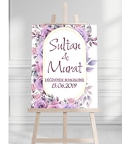 Söz Nişan Düğün İçin 50x70 Karşılama Panosu - Mor Gül Desenli