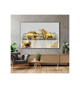 Kanvas Tablo Altın Boğa Ve Ayı Borsa Ekonomi Finans Dolar Altın Dünya Gold Lüks Dekor Kanvas Tablo Art00149 80 X 120