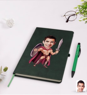 BK Gift Kişiye Özel Spartalı Karikatürlü Yeşil Termo Deri Defter Kalem Seti Model 1