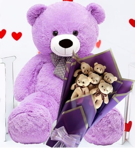 Premium 90 cm Peluş Ayı ve Premium Yumoş MOR Peluş Ayıcık Buketi - Sevdiklerinize Özel Hediye (Lila)
