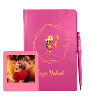 Kişiye Özel Pembe Defter Kalem & Instagram Çerçeve Hediye Seti