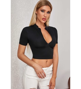 Kadın Siyah Yarım Fermuarlı ve Kısa Kollu Crop Top Bluz