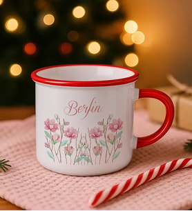 BK Gift Kişiye Özel Çiçek Tasarımlı Kırmızı Emaye Kupa Bardak -15, Arkadaşa Hediye, Sevgiliye Hediye