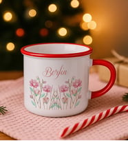 BK Gift Kişiye Özel Çiçek Tasarımlı Kırmızı Emaye Kupa Bardak -15, Arkadaşa Hediye, Sevgiliye Hediye