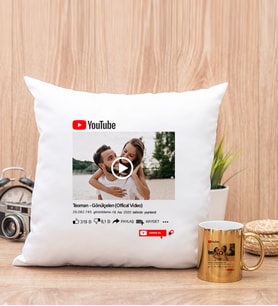 Kişiye Özel Youtube Tasarım Fotoğraflı Kare Yastık ve Gold Kupa