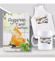 BK Gift Kişiye Özel İsimli Mutfak Önlüğü Kupa ve Yemek Tarif Defteri Hediye Seti-18 (Model 1)