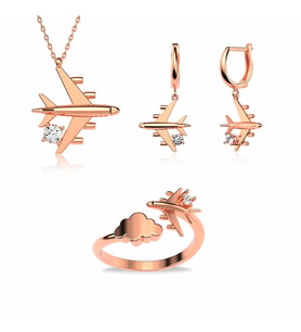 Tek Taşlı UçaK Rose Gümüş Üçlü Set