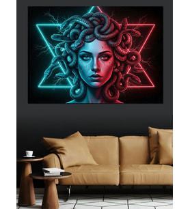 Kırmızı Mavi Neon Pentagram Ve Medusa Kadın Dekoratif Kanvas - Mdf Ahşap Tablo