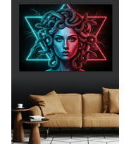Kırmızı Mavi Neon Pentagram Ve Medusa Kadın Dekoratif Kanvas - Mdf Ahşap Tablo