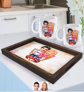 BK Gift Kişiye Özel İsimli Sevgililer Karikatürlü Doğal Ahşap Tepsi ve 2’li Kupa Bardak Seti-5