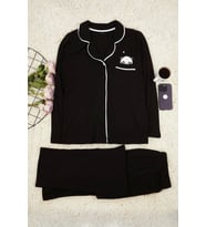Tarz Rahat Büyük Beden Uzun Kollu Geniş Paça Panda Baskılı Örme Pijama Takımı (Siyah)