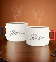 BK Gift Kişiye Özel İsimli Tarihli Siyah ve Kırmızı Kulplu 2li Çay & Kahve Fincanı, Arkadaşa Hediye, Sevgiliye Hediye