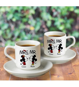 Mickey & Minnie Mouse Sevgili Çift Tasarımlı İkili Türk Kahvesi Fincanı Kişiye Özel