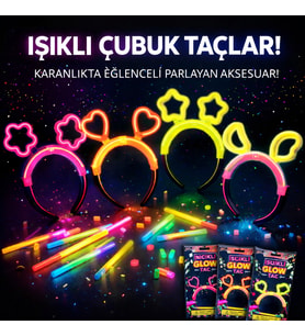 Karanlıkta Parlayan Glow Taç Seti 12 Adet – Yıldız Kalp Ay Çiçek (Her Model 3 Adet)