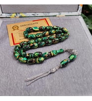 8X12 mm Gümüş Püsküllü Sündülüs Tesbih - Sandoloz Baga - Çekoslavak Tesbih (Yeşil)