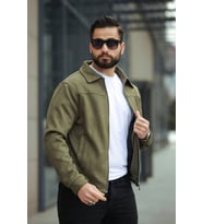 Basic Old Money Polo Yaka Astarlı Süet Ceket (Haki)