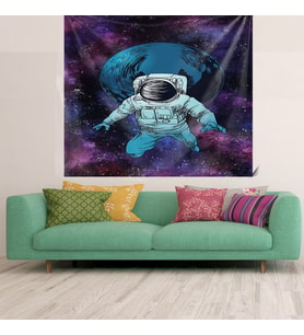 Uzaydaki Astronot Uzay Desen Leke Tutmaz Kadife Dokulu Kumaş Duvar Örtüsü Duvar Halısı Tapestry (Mor)