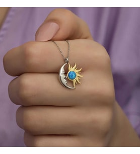 Gümüş Opal Mavi Taşlı Ay Güneş Kadın Kolye