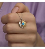 Gümüş Opal Mavi Taşlı Ay Güneş Kadın Kolye
