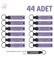 Doğum Günü Misafirlerine Kişiselleştirilmiş Anahtarlık 44’lü Set, Özel Hediyelik, Mor Menekşe & Gri (Lila - Mor)