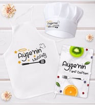 BK Gift Kişiye Özel Mutfak Önlüğü Aşçı Şapkası ve Tarif Defteri Hediye Seti Model 10