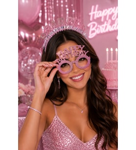 Happy Birthday Simli Pembe Taç ve Parti Gözlüğü Seti Doğum Günü Kutlama Aksesuarı